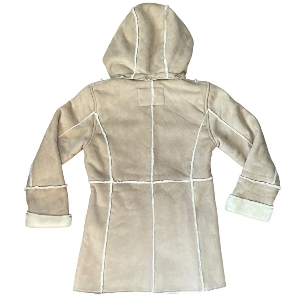 VINTAGE 90s Cream Faux Suede & Fur Hooded Coat Size Large - Picture 11 of 15